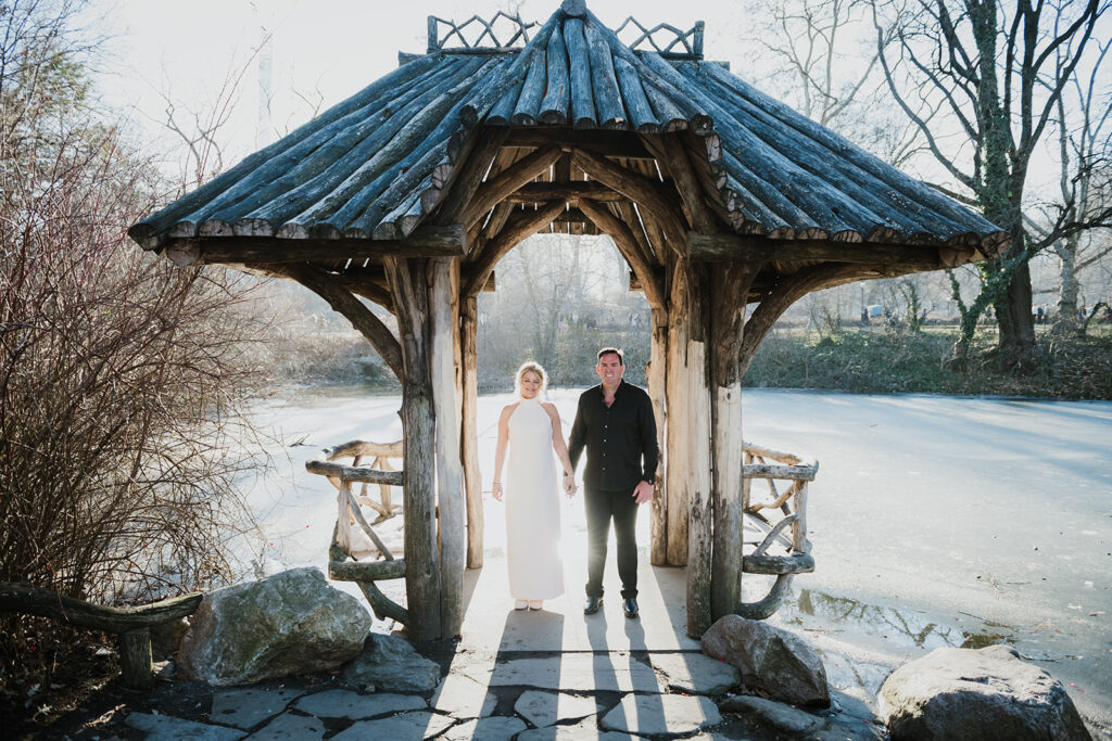 Couple elopes at Wagner's Cove in Central Park, NYC.