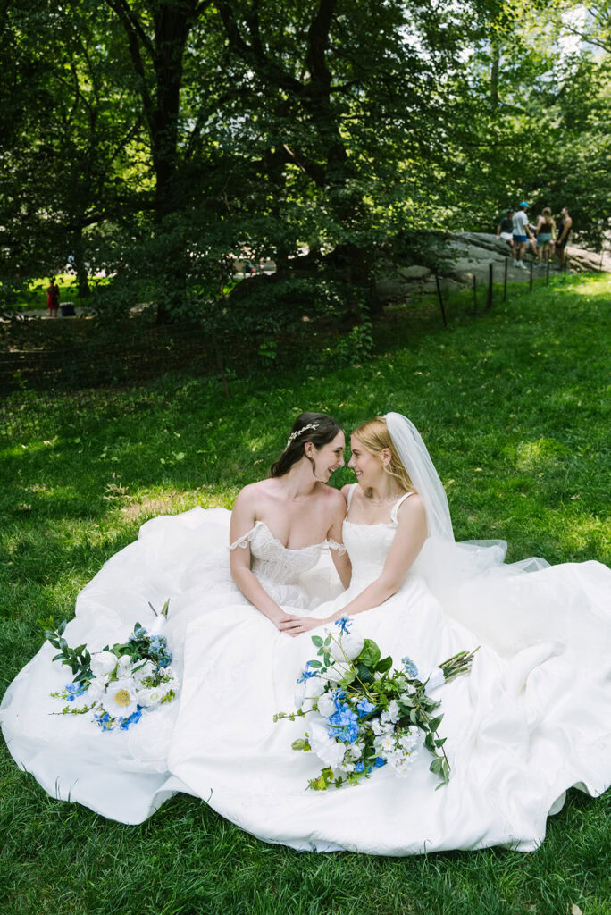 Same sex couple celebrates NYC elopement at Central Park picnic.