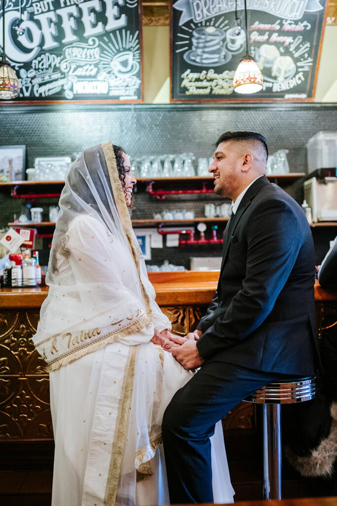 Customized gold and white head scarf for NYC elopement bride.