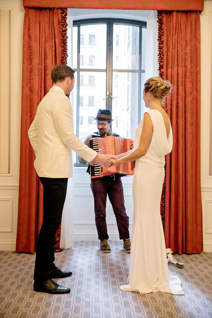 Couple elopes in private suite at the St. Regis Hotel in NYC.